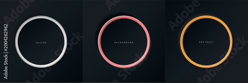 Set realistic black, gold frames. Vector realistic borders for posters, flyers, backgrounds. Shiny luxury frame. Luxury circle with lighting effects.