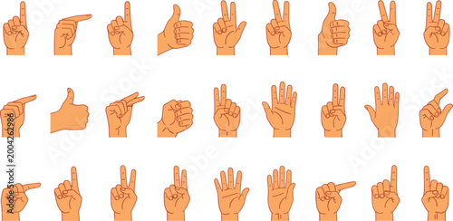 Hand Gesture Icons Set with Various Finger Signs and Counting Symbols Flat Style Illustration for Communication UI Design and Educational Use.