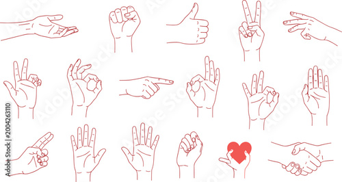 Hand Gesture Line Icons Set with Finger Signs Symbols and Human Communication Expressions Minimal Outline Style Illustration for UI Design and Education Use.