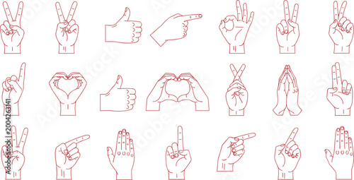 Hand Gesture Line Icons Set with Finger Signs Symbols and Human Communication Expressions Outline Style Illustration for UI Design and Visual Language Projects.