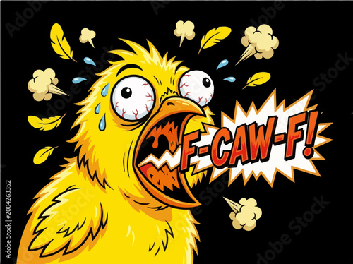 Exploding Angry Yellow Bird Mascot with Bloodshot Eyes and F-CAW-F Text, Intense Panicked Chick Cartoon Illustration