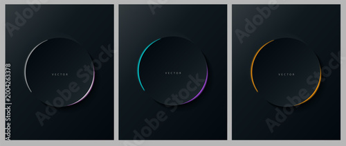 Set realistic black, gold frames. Vector realistic borders for posters, flyers, backgrounds. Shiny luxury frame. Luxury circle with lighting effects.