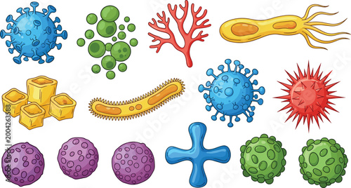 Microorganism and Virus Illustration Set with Bacteria Cells Germ Shapes and Pathogen Elements Colorful Style for Medical Science and Biology Education Design.