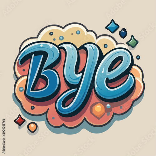 Stylized "Bye" text with colorful cloud and diamond shapes