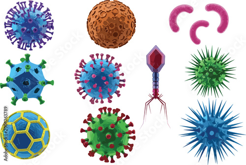 Realistic 3D Virus and Bacteria Cell Collection featuring Coronavirus, Bacteriophage, and Diverse Pathogen Microorganism Illustrations for Scientific and Medical Design Projects.