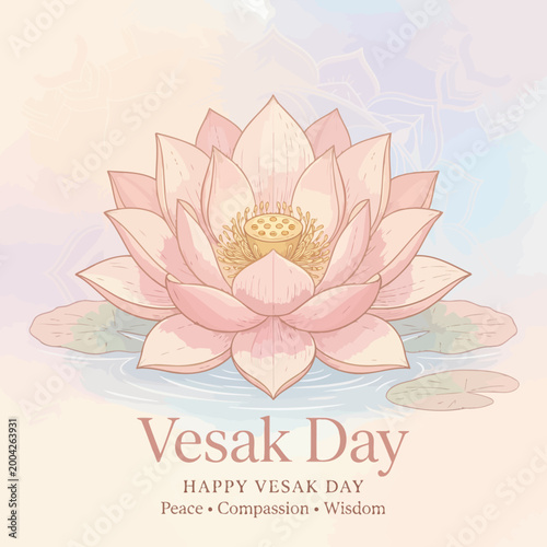 Vesak Day illustration featuring a beautiful pink lotus flower in full bloom, symbolizing peace, compassion, and wisdom. This serene design is ideal for holiday celebration