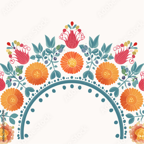 Folk Art Floral Border with Orange and Pink Flowers