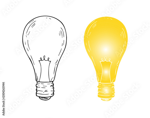 Vector glowing light bulbs. Graphic Idea icon symbol, hand drawn illustration isolated on background. Zero waste, sustainable living concept. For designer, Eco-Friendly, planting or ecology