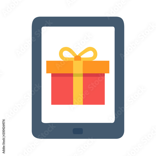 Tablet displaying a gift box illustration with a festive mood and vibrant colors
