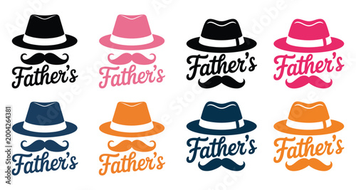 Collection of Fathers Day design elements featuring hats and mustaches in various colors