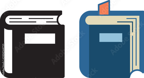 Book illustrations showing different styles black and white closed and blue with 2 spine with open