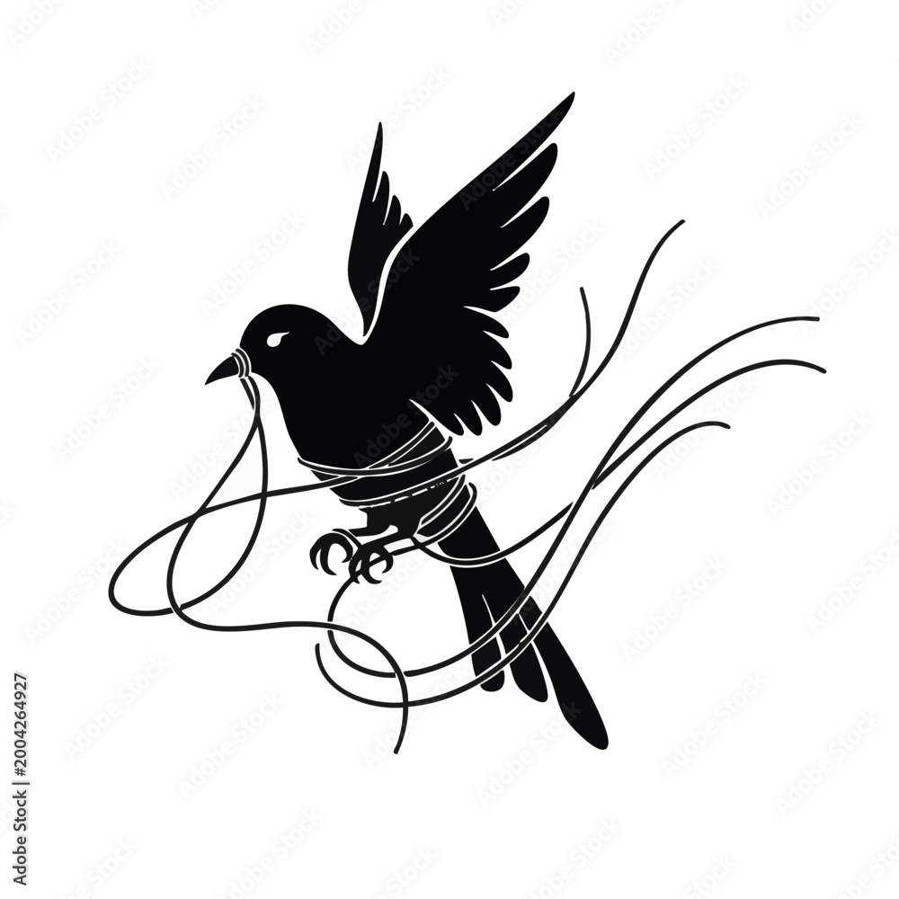 Fototapeta premium Silhouette of a flying bird entangled in string. Wildlife conservation concept vector illustration. Isolated graphic element