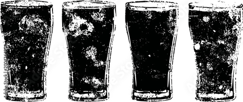Four refreshing dark beer glasses with foam, cold alcoholic drinks on white background