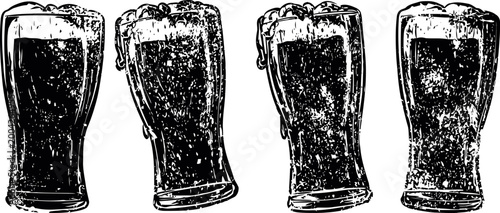 vintage grunge beer pint glass set with foam in various tilted and upright positions