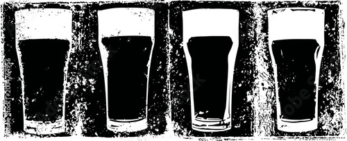grunge beer glasses silhouettes lined up in a row with textured vintage effect