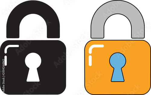 Lock icons set black orange with blue keyhole in vector illustration style with 2 security