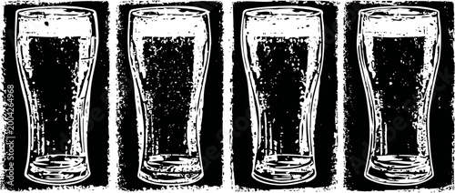 grunge illustration of five tall beer glasses in a row with textured detailing