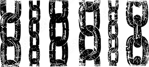 Grunge chain links set with distressed texture, different shapes and sizes on white background