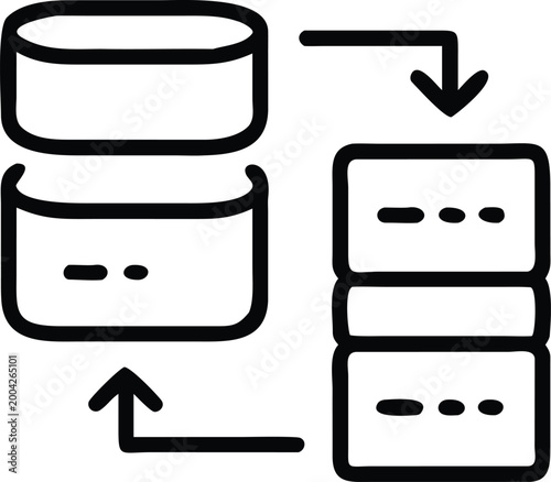data transfer icon cylindrical shapes with arrows black and white line art high quality professional detailed modern elegant stylish clean crisp