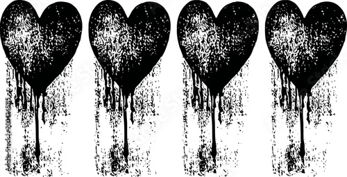 Grunge dripping hearts in black ink with distressed texture and vintage design elements