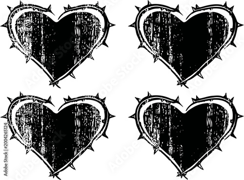 Grunge black hearts with thorny borders in distressed vintage design set