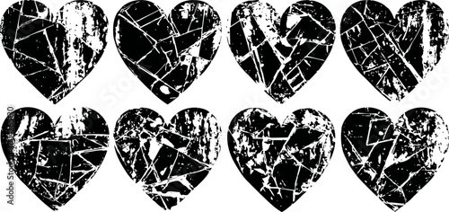grunge cracked black hearts set distressed textured love and broken heart vector shapes collection