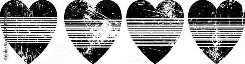 grunge distressed hearts with horizontal stripes, vintage textured design in black and white