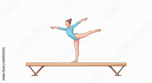 A young woman in a blue leotard balances on a gymnastics beam with one leg extended in a studio setting with a plain white background.