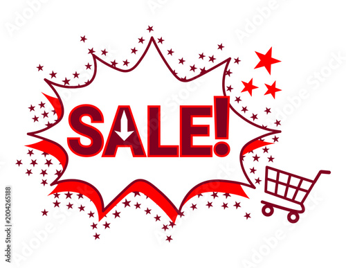 Comic style vector illustration of a Super Sale with a shopping cart and stars on a transparent and white background, in bright red and maroon tones.