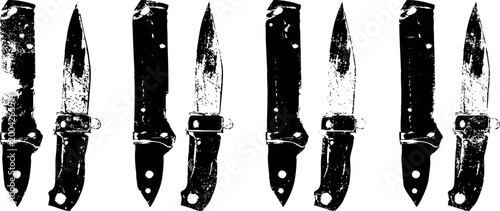Grunge knife silhouettes set of worn hunting and kitchen knife icons with distressed texture and rustic