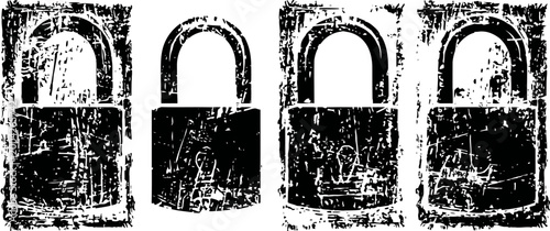 grunge black padlocks set with distressed texture on white background