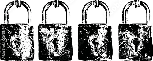 four scratched black vintage padlocks with keyholes in a row on white background