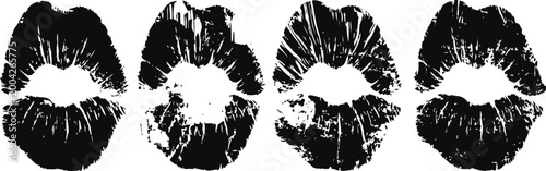 Black lip prints isolated on white background set of four lipstick kiss marks in different textures and intensities
