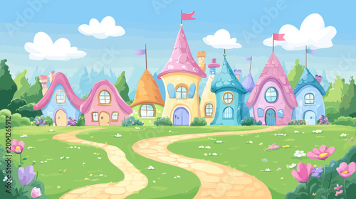 A whimsical illustration showcasing colorful fairytale houses along a path in a picturesque garden
