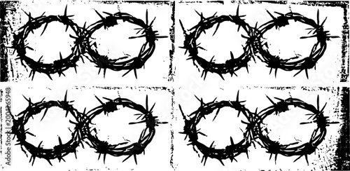 grungy barbed wire loops arranged in four pairs on textured white background