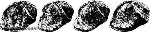 worn vintage caps illustration in black and white, classic headwear collection, sketch