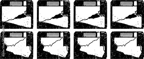Retro black and white broken computer screen glitch digital error concept illustration set