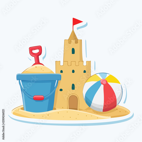 Sandcastle, Bucket, and Beach Ball Illustration