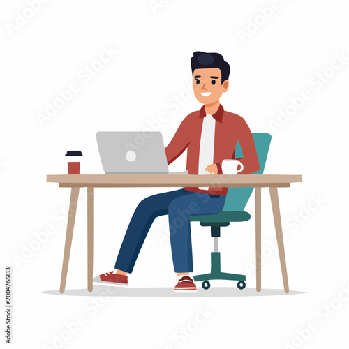 Man Working on Laptop at Desk with Coffee