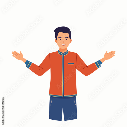 Man in Orange Jacket and Blue Shorts with Open Arms