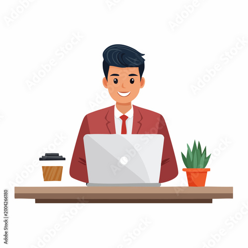 Man in Suit Working on Laptop at Desk with Coffee and Plant