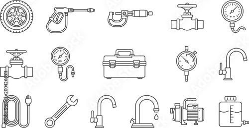 Industrial equipment and maintenance icons set with pressure gauges valves pipes pump wrench cable and measurement tools vector illustration