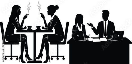 Business, people, silhouette, working, in, office, having, coffee, break, smoking, talking, desk, laptop, professional, meeting, team, communication, corporate, networking, lifestyle
