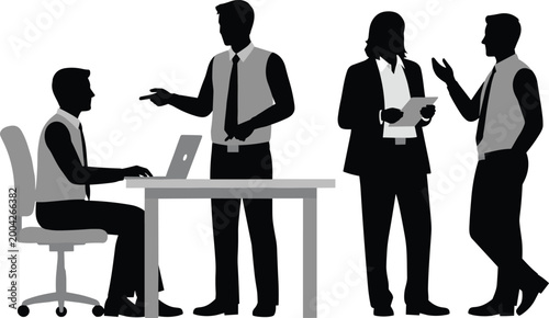 Business, people, silhouette, working, in, office, using, laptop, talking, with, colleagues, professional, corporate, teamwork, collaboration, communication, networking, meeting, workshop, vector