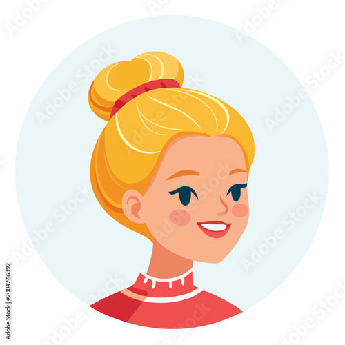 Cartoon Portrait of a Smiling Blonde Woman with Hair Bun