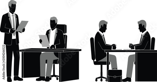 Business, silhouette, office, meeting, professional, corporate, teamwork, manager, executive, desk, paperwork, interview, sitting, standing, collaboration, group, workers, men, employer, leadership,