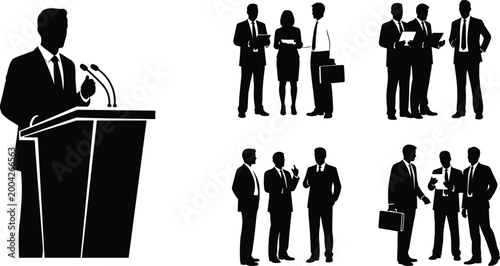 Business, speaker, on, podium, with, microphone, giving, presentation, set, of, corporate, people, silhouettes, networking, meeting, seminar, conference, communication, professional, vector