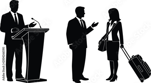 Business, speaker, giving, speech, at, podium, conference, seminar, professional, people, silhouette, vector, networking, corporate, meeting, presentation, public, speaking, travel, luggage