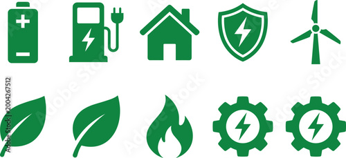 Green renewable energy icons set including battery, electric vehicle charger, eco home, shield protection, wind turbine, leaves, flame and gear symbols isolated