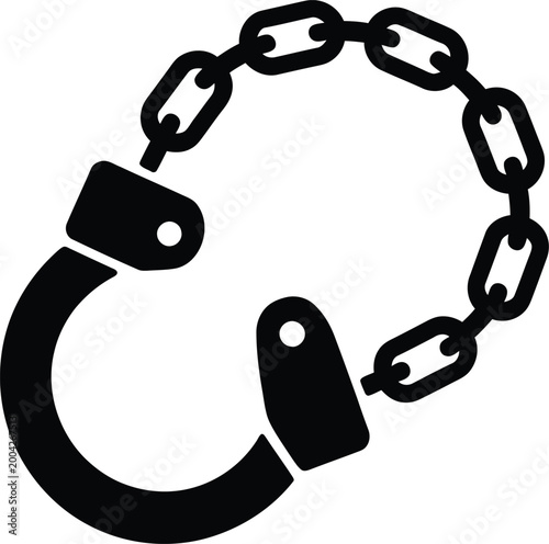 Black and white of a pair of metal handcuffs with a short chain attached, depicted in a flat style on a white background, representing law enforcement, security, and detention